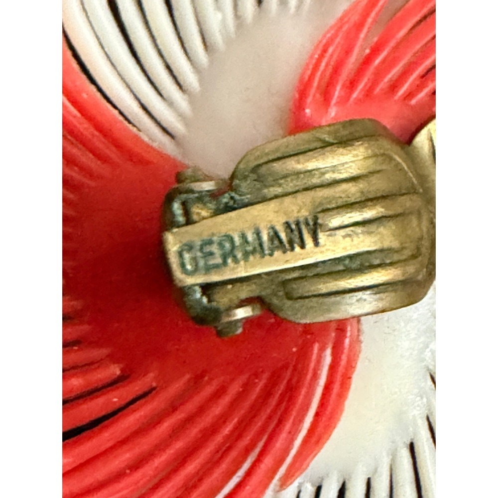 Vintage GERMANY Earrings Clip Ons Resin Red Cream Aurora Borealis Rhinestone - Picture 3 of 11